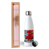 Easter Set, metallic stainless steel water bottle (750ml) & scented flat Easter candle (30cm) (PINK)