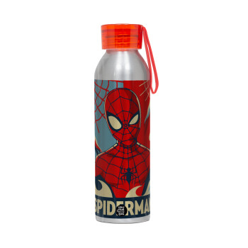 Spiderman kid, Αλουμινένιο Αθλητικό Μπουκάλι 650ml – Ασημί με Κόκκινο Καπάκι και Λουράκι Σιλικόνης