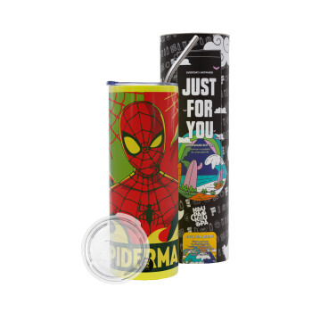 Spiderman kid, Neon Yellow Travel Tumbler θερμό, μεταλλικό καλαμάκι(Ανωξείδωτο 304 Food grade, BPA free, 600ml)