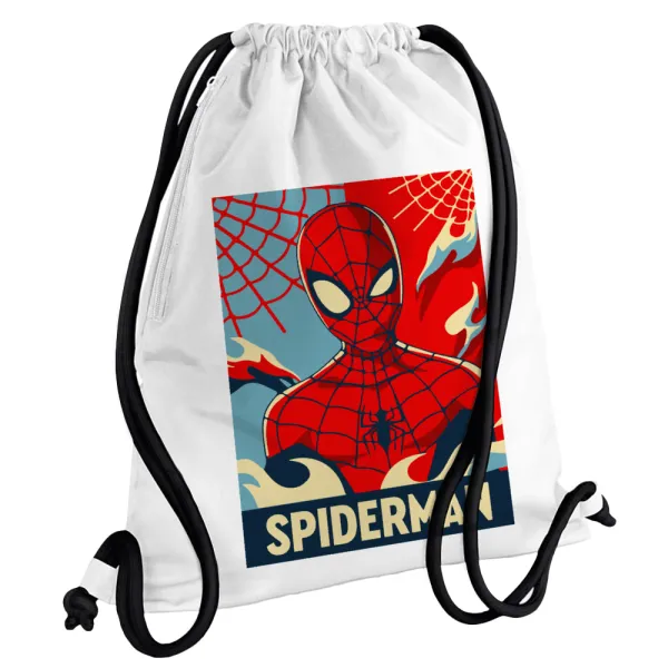 Spiderman kid — Τσάντα πλάτης πουγκί GYMBAG λευκή, με τσέπη (40x48cm) & χονδρά κορδόνια