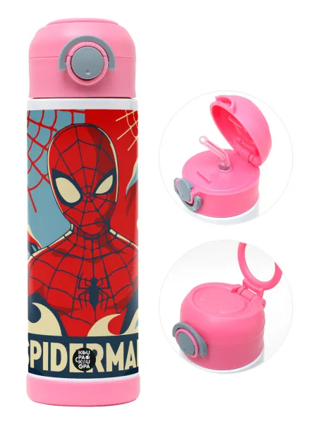 Spiderman kid — Παιδικό παγούρι θερμό, ανοξείδωτο, με καλαμάκι ασφαλείας, ΡΟΖ (500ml)