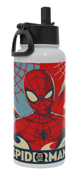 Spiderman kid — Metal mug thermo White with Straw and Spout Lid (Stainless steel), double wall, 950ml
