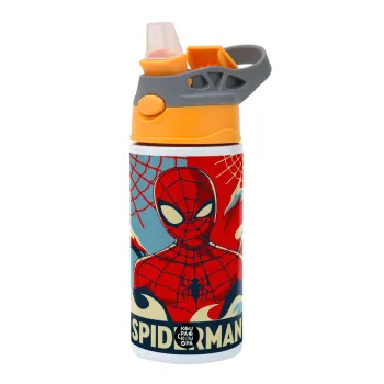 Spiderman kid, Παιδικό παγούρι θερμό, ανοξείδωτο, με καλαμάκι ασφαλείας, Πορτοκαλί/Γκρι (360ml) BPA-FREE