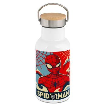 Spiderman kid, Μεταλλικό παγούρι θερμός (Stainless steel) Λευκό με ξύλινο καπακι (bamboo), διπλού τοιχώματος, 350ml