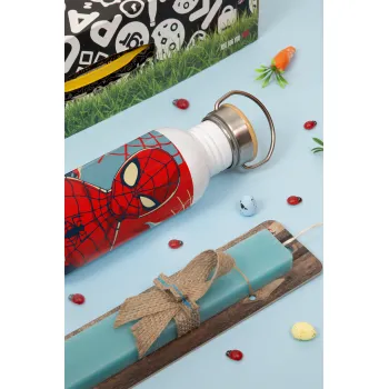 Spiderman kid, Πασχαλινή Λαμπάδα με παγούρι μεταλλικό (620ml, stainless steel) & κερί αρωματικό πλακέ (30cm) (ΤΙΡΚΟΥΑΖ)