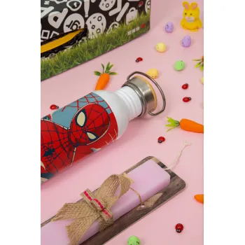 Spiderman kid, Πασχαλινή Λαμπάδα με παγούρι μεταλλικό (620ml, stainless steel) & κερί αρωματικό πλακέ (30cm) (ΡΟΖ)