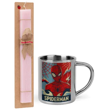 Spiderman kid, Πασχαλινή Λαμπάδα με μεταλλική κούπα θερμό (300ml) & κερί αρωματικό πλακέ (30cm) (ΡΟΖ)