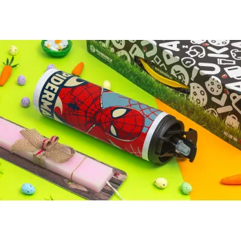Spiderman kid, Πασχαλινή Λαμπάδα με Travel Tumbler θερμό με διπλό καπάκι (600ml, BPA free) & κερί αρωματικό πλακέ (30cm) (ΡΟΖ)