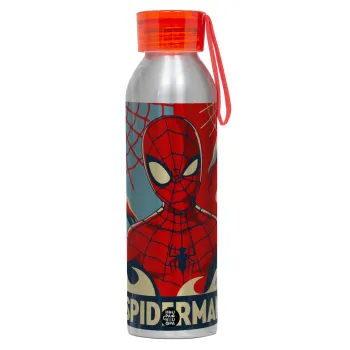 Spiderman kid, Αλουμινένιο Αθλητικό Μπουκάλι 650ml – Ασημί με Κόκκινο Καπάκι και Λουράκι Σιλικόνης