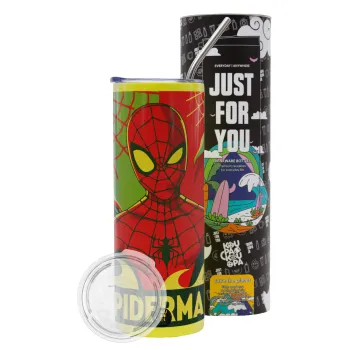Spiderman kid, Neon Yellow Travel Tumbler θερμό, μεταλλικό καλαμάκι(Ανωξείδωτο 304 Food grade, BPA free, 600ml)