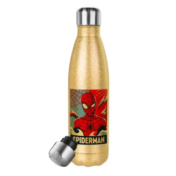 Spiderman kid, Glitter gold stainless steel thermos bottle, double-walled, 500ml