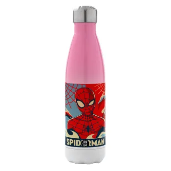 Spiderman kid, Μεταλλικό παγούρι θερμός Ροζ/Λευκό (Stainless steel), διπλού τοιχώματος, 500ml