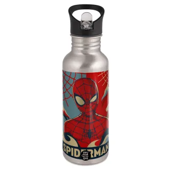 Spiderman kid, Παγούρι νερού Ασημένιο με καλαμάκι, ανοξείδωτο ατσάλι 600ml