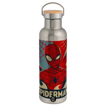 Spiderman kid, Stainless steel Silver with wooden lid (bamboo), double wall, 750ml