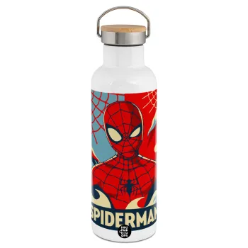 Spiderman kid, Μεταλλικό παγούρι θερμός (Stainless steel) Λευκό με ξύλινο καπάκι (bamboo), διπλού τοιχώματος, 750ml