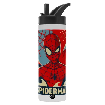 Spiderman kid, Μεταλλικό παγούρι θερμός με καλαμάκι & χειρολαβή, ανοξείδωτο ατσάλι (Stainless steel 304), διπλού τοιχώματος, 600ml