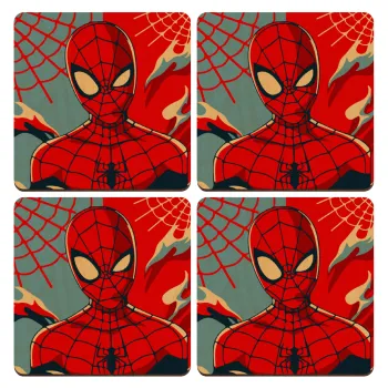 Spiderman kid, ΣΕΤ x4 Σουβέρ ξύλινα τετράγωνα plywood (9cm)