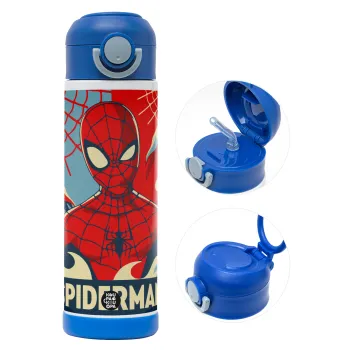Spiderman kid, Children's hot water bottle, stainless steel, with safety straw, BLUE (500ml)