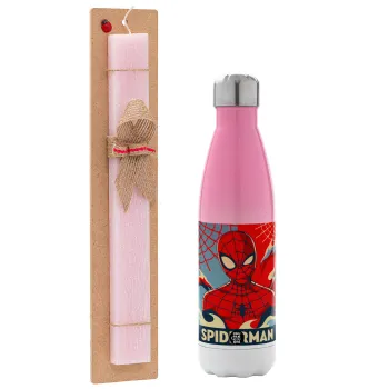 Spiderman kid, Easter Set, Metallic pink/white (Stainless steel) thermos, double-walled, 500ml & aromatic flat Easter candle (30cm) (PINK)