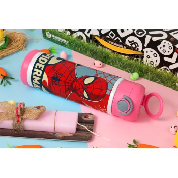 Spiderman kid, Πασχαλινή Λαμπάδα με Παιδικό παγούρι θερμό, ανοξείδωτο, με καλαμάκι ασφαλείας, ΡΟΖ (500ml)