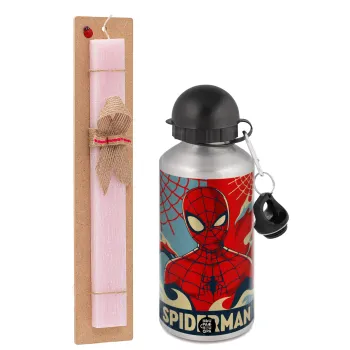 Spiderman kid, Easter Set, metallic Silver aluminum water bottle (500ml) & scented flat Easter candle (30cm) (PINK)