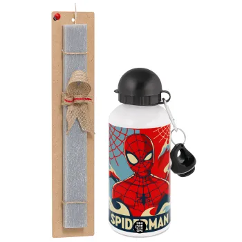 Spiderman kid, Πασχαλινή Λαμπάδα με παγούρι μεταλλικό  αλουμινίου (500ml) & κερί αρωματικό πλακέ (30cm) (ΓΚΡΙ)