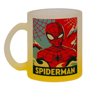 Spiderman kid, Κούπα γυάλινη δίχρωμη με βάση το κίτρινο ματ, 330ml