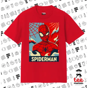 Spiderman kid, Κλασικό T-Shirt, διπλής ραφής, χωρίς πλευρικές ραφές ΚΟΚΚΙΝΟ από 100% βαμβάκι. Vegan & OEKO-TEX πιστοποιημένο.