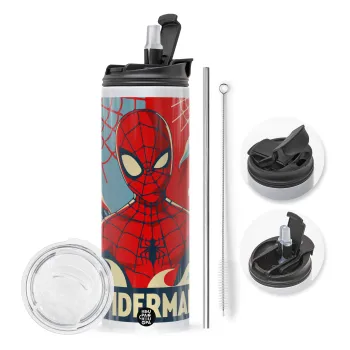 Spiderman kid, Travel Tumbler θερμό με διπλό καπάκι, μεταλλικό καλαμάκι και βούρτσα καθαρισμού (Ανωξείδωτο 304 Food grade, BPA free, 600ml)