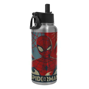 Spiderman kid, Μεταλλικό παγούρι θερμός Silver με καλαμάκι και χερούλι (Stainless steel), διπλού τοιχώματος, 950ml