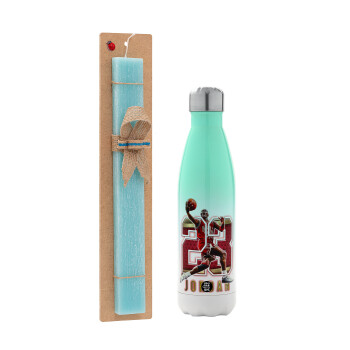 Jordan 23, Πασχαλινή Λαμπάδα με Μεταλλικό παγούρι θερμός Πράσινο/Λευκό (Stainless steel), διπλού τοιχώματος, 500ml & κερί αρωματικό πλακέ (30cm) (ΤΙΡΚΟΥΑΖ)