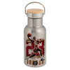 Stainless steel metallic thermos flask, silver with a bamboo lid, double-walled, 350ml.