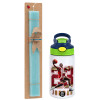 Easter Set, Children's thermal stainless steel bottle with safety straw, green/blue (350ml) & aromatic flat Easter candle (30cm) (TURQUOISE)