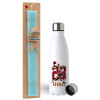 Easter Set, metallic stainless steel water bottle (750ml) & aromatic flat Easter candle (30cm) (TURQUOISE)