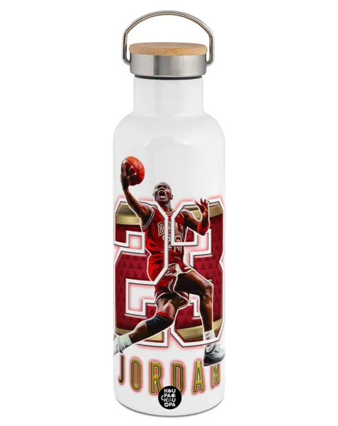 Jordan 23 — Μεταλλικό παγούρι θερμός (Stainless steel) Λευκό με ξύλινο καπάκι (bamboo), διπλού τοιχώματος, 750ml
