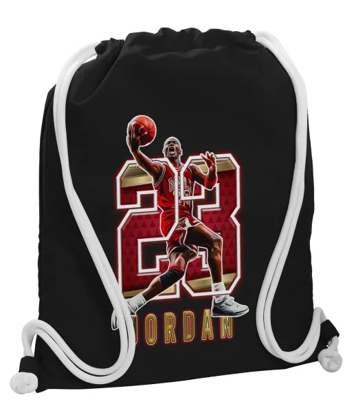 Jordan 23 — Τσάντα πλάτης πουγκί GYMBAG Μαύρη, με τσέπη (40x48cm) & χονδρά λευκά κορδόνια