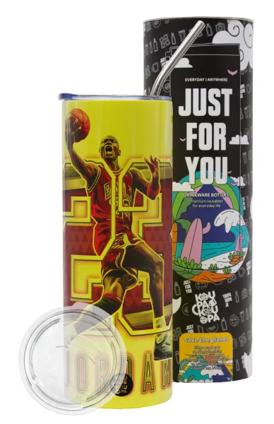 Jordan 23 — Neon Yellow Travel Tumbler θερμό, μεταλλικό καλαμάκι(Ανωξείδωτο 304 Food grade, BPA free, 600ml)