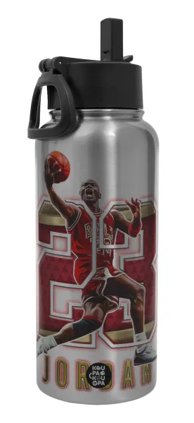 Jordan 23 — Μεταλλικό παγούρι θερμός Silver με καλαμάκι και χερούλι (Stainless steel), διπλού τοιχώματος, 950ml