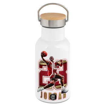 Jordan 23, Μεταλλικό παγούρι θερμός (Stainless steel) Λευκό με ξύλινο καπακι (bamboo), διπλού τοιχώματος, 350ml