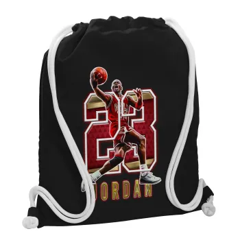 Jordan 23, Backpack pouch GYMBAG Black, with pocket (40x48cm) & thick white cords