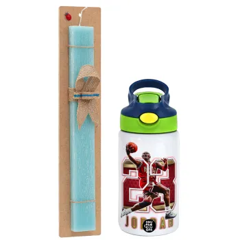 Jordan 23, Easter Set, Children's thermal stainless steel bottle with safety straw, green/blue (350ml) & aromatic flat Easter candle (30cm) (TURQUOISE)