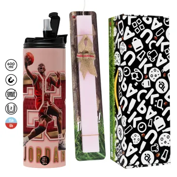 Jordan 23, Easter candle,Travel Tumbler 2 Lids, with metal straw & cleaning brush & aromatic flat candle (30cm) (PINK)