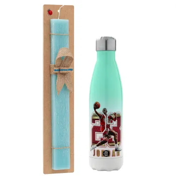 Jordan 23, Easter Set, Metallic green/white thermos (Stainless steel), double-walled, 500ml & scented flat Easter candle (30cm) (TURQUOISE)