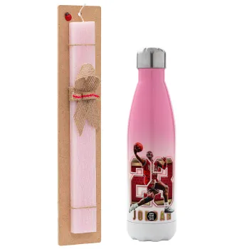 Jordan 23, Easter Set, Metallic pink/white (Stainless steel) thermos, double-walled, 500ml & aromatic flat Easter candle (30cm) (PINK)