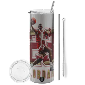 Jordan 23, Tumbler ποτήρι θερμό Ασημένιο από ανοξείδωτο ατσάλι 600ml, με μεταλλικό καλαμάκι & βούρτσα καθαρισμού