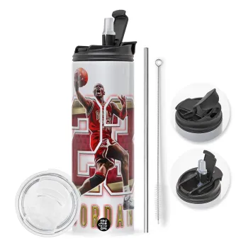 Jordan 23, Travel Tumbler θερμό με διπλό καπάκι, μεταλλικό καλαμάκι και βούρτσα καθαρισμού (Ανωξείδωτο 304 Food grade, BPA free, 600ml)