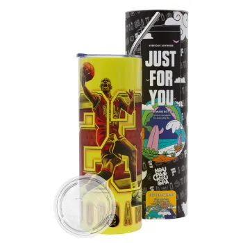 Jordan 23, Neon Yellow Travel Tumbler θερμό, μεταλλικό καλαμάκι(Ανωξείδωτο 304 Food grade, BPA free, 600ml)