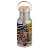 Stainless steel metallic thermos flask, silver with a bamboo lid, double-walled, 350ml.