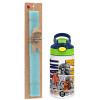 Easter Set, Children's thermal stainless steel bottle with safety straw, green/blue (350ml) & aromatic flat Easter candle (30cm) (TURQUOISE)