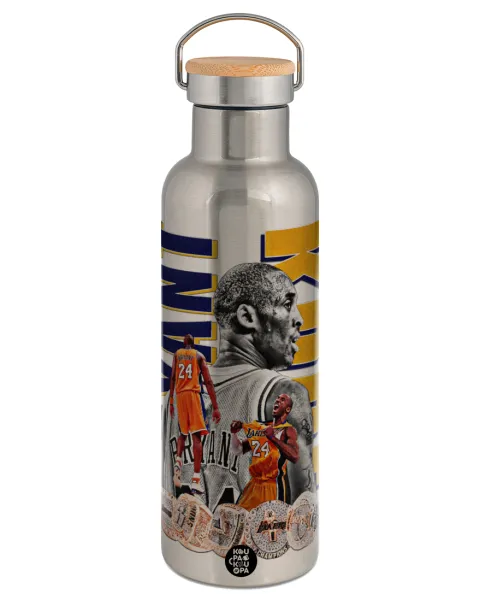 Kobe Bryant — Μεταλλικό παγούρι θερμός (Stainless steel) Ασημένιο με ξύλινο καπακι (bamboo), διπλού τοιχώματος, 750ml